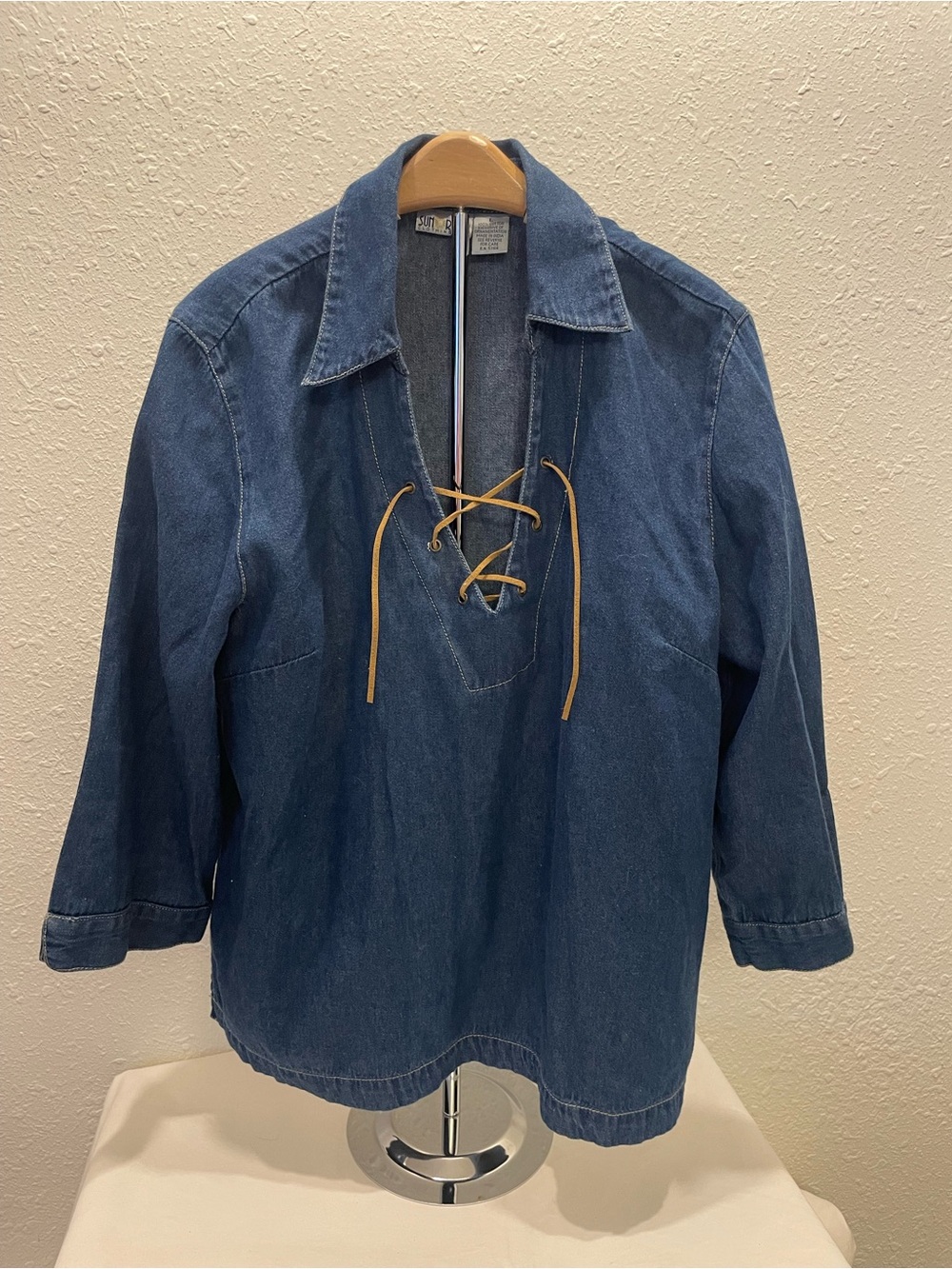 Denim Lace-Up Pullover Blouse - Blue